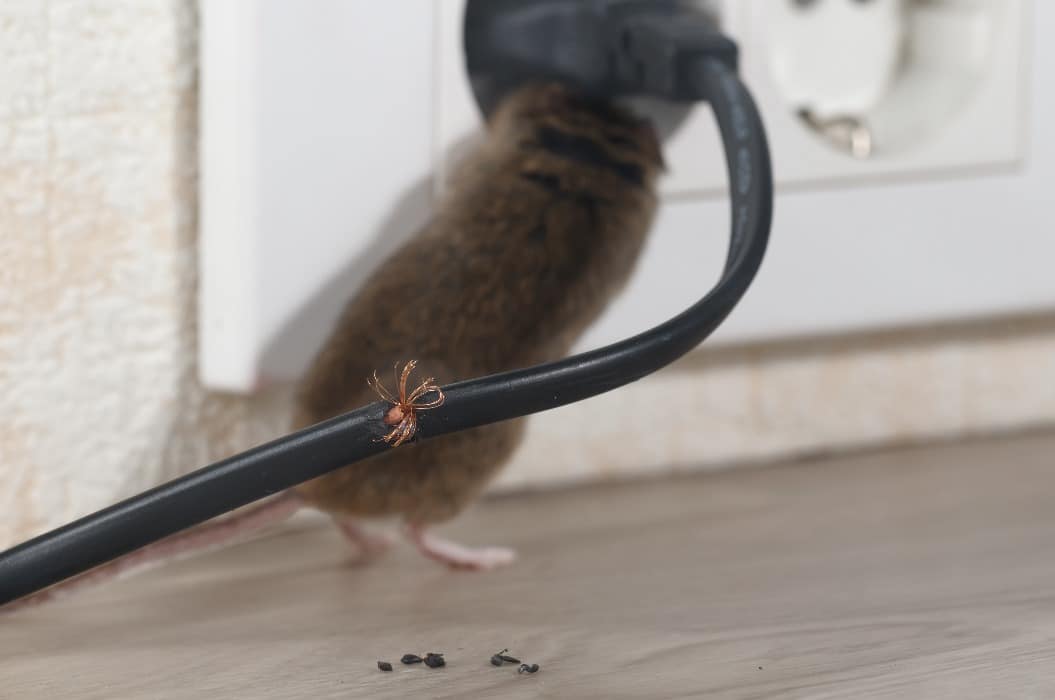Close-up gnawed wire  on the background of mouse climbs into outlet. Inside high-rise buildings. Fight with mice in the apartment. Extermination. Small DOF focus put only to wire.