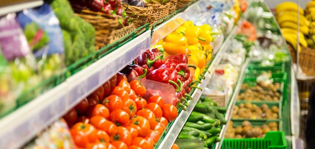 fruits and vegetables are on the shelves of the supermarket. Healthy Eating